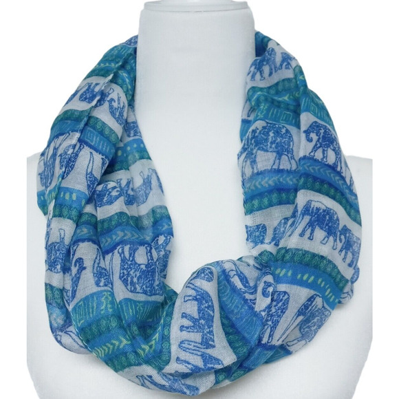 Womens Infinity Scarf Hijab Wrap Blue White Elephant Print Chevron Ikat 35x20 - Picture 2 of 10